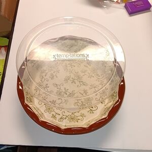 Temptations 9” Pie Plate Bakeware With Lid Green Leaf Autumn Fall  Thanksgiving